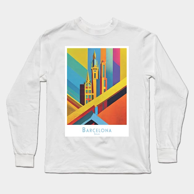 Barcelona Spain Modern Art Abstract Skyline Long Sleeve T-Shirt by POD24